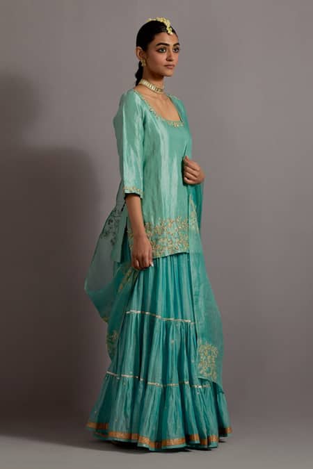 Buy_Deep Thee_Blue Organza, Tissue, Chanderi Zari, Sequins Scoop Embroidered Kurta Lehenga Set _Online_at_Aza_Fashions