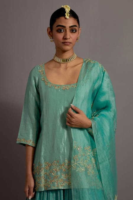 Shop_Deep Thee_Blue Organza, Tissue, Chanderi Zari, Sequins Scoop Embroidered Kurta Lehenga Set _Online_at_Aza_Fashions