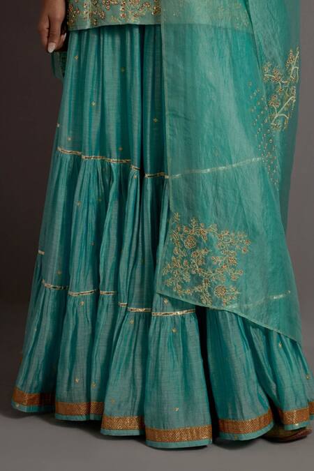 Deep Thee_Blue Organza, Tissue, Chanderi Zari, Sequins Scoop Embroidered Kurta Lehenga Set _at_Aza_Fashions