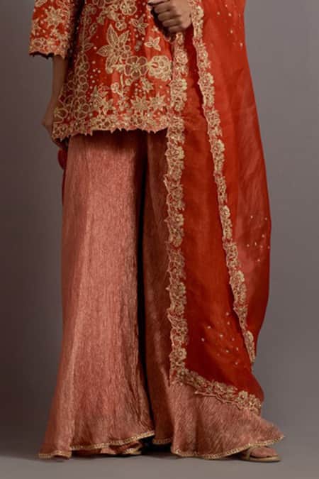 Buy_Deep Thee_Orange Organza, Tissue, Chanderi Embroidery Floral Applique Kurta Sharara Set _Online_at_Aza_Fashions