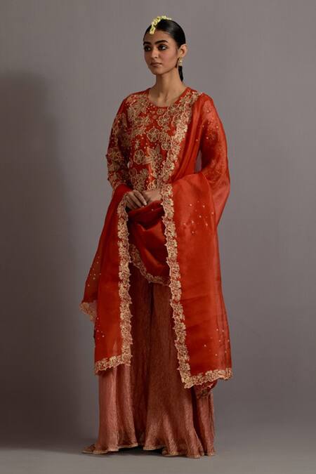 Shop_Deep Thee_Orange Organza, Tissue, Chanderi Embroidery Floral Applique Kurta Sharara Set _Online_at_Aza_Fashions