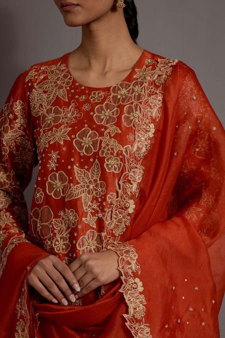 Deep Thee_Orange Organza, Tissue, Chanderi Embroidery Floral Applique Kurta Sharara Set _at_Aza_Fashions