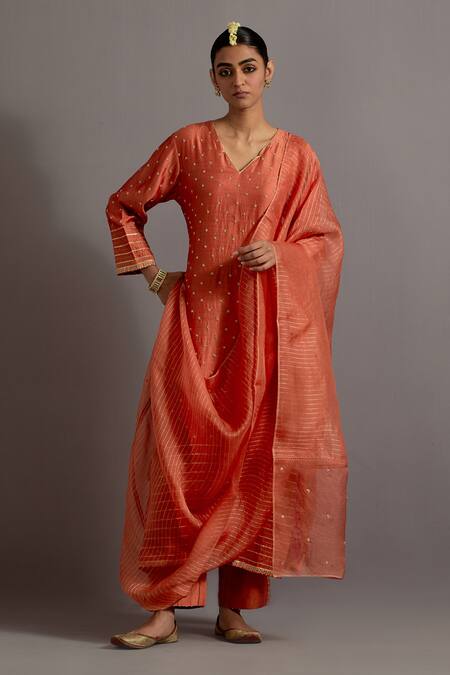 Deep Thee Orange Silk Hand Embroidered Zardozi V Neck Kurta Set