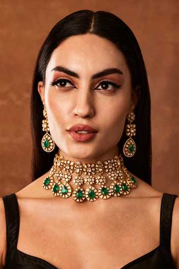 Ekathva Jaipur_Gold Plated Diamonds, Crystals Naadirah Moissanite Polki Jewellery Set_Online_at_Aza_Fashions