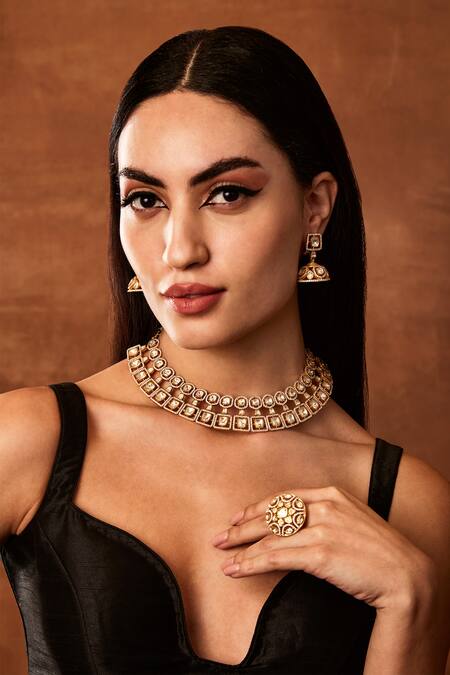 Ekathva Jaipur Gold Plated Diamonds, Crystals Mirza Framed Quad Moissanite Polki Jewellery Set Online at Aza Fashions Ekathva Jaipur_Gold Plated Diamonds, Crystals Mirza Framed Quad Moissanite Polki Jewellery Set_Online_at_Aza_Fashions