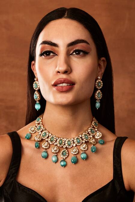 Shop Ekathva Jaipur Gold Plated Diamonds, Beads Yukta Iris Gleam Polki Jewellery Set at Aza Fashions Shop_Ekathva Jaipur_Gold Plated Diamonds, Beads Yukta Iris Gleam Polki Jewellery Set_at_Aza_Fashions