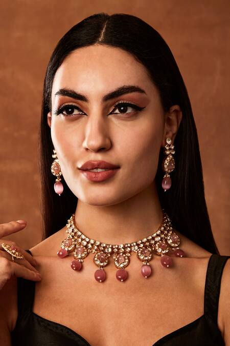 Shop Ekathva Jaipur Gold Plated Diamonds, Beads Nora Gleamlet Polki Jewellery Set at Aza Fashions Shop_Ekathva Jaipur_Gold Plated Diamonds, Beads Nora Gleamlet Polki Jewellery Set_at_Aza_Fashions