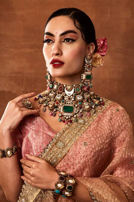 Shop_Ekathva Jaipur_Multi Color Beads, Stones Quinn Studded Bridal Jewellery Set_at_Aza_Fashions