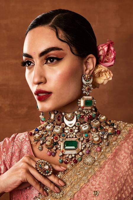 Shop_Ekathva Jaipur_Multi Color Beads, Stones Quinn Studded Bridal Jewellery Set_Online_at_Aza_Fashions