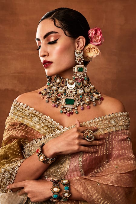 Ekathva Jaipur_Multi Color Beads, Stones Quinn Studded Bridal Jewellery Set_at_Aza_Fashions