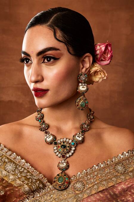 Ekathva Jaipur Multi Color Beads, Diamonds, Stones Zahra Antique Long Necklace Set