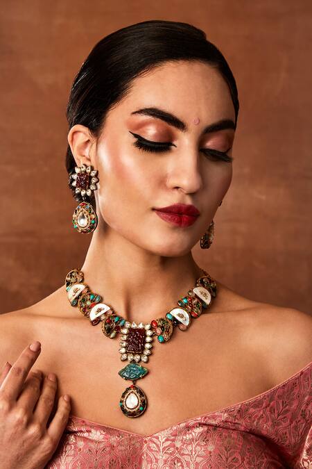Shop Ekathva Jaipur Multi Color Beads, Stones Nori Studded Antique Long Necklace Set at Aza Fashions Shop_Ekathva Jaipur_Multi Color Beads, Stones Nori Studded Antique Long Necklace Set_at_Aza_Fashions