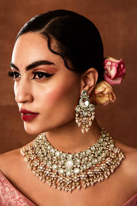 Ekathva Jaipur_Gold Plated Imitation Diamonds Ashru Polki Bridal Jewellery Set_Online_at_Aza_Fashions