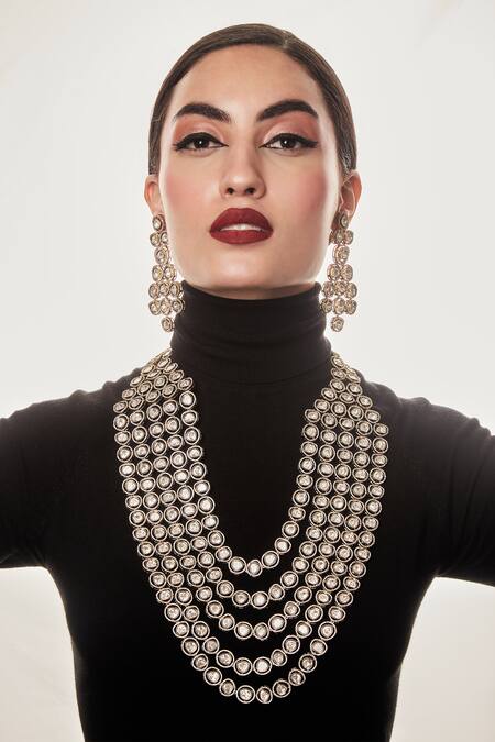 Shop Ekathva Jaipur Gold Plated Imitation Diamonds Marissa Victorian Polki Long Necklace Set at Aza Fashions Shop_Ekathva Jaipur_Gold Plated Imitation Diamonds Marissa Victorian Polki Long Necklace Set_at_Aza_Fashions