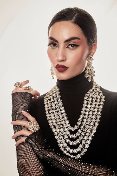 Ekathva Jaipur Gold Plated Imitation Diamonds Marissa Victorian Polki Long Necklace Set Online at Aza Fashions Ekathva Jaipur_Gold Plated Imitation Diamonds Marissa Victorian Polki Long Necklace Set_Online_at_Aza_Fashions