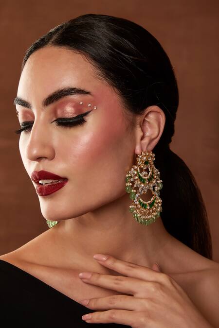 Shop Ekathva Jaipur Gold Plated Beads, Pearls, Stones Saman Polki Embellished Earrings at Aza Fashions Shop_Ekathva Jaipur_Gold Plated Beads, Pearls, Stones Saman Polki Embellished Earrings_at_Aza_Fashions