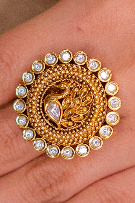 Ekathva Jaipur Gold Plated Polki Vrishti Embellished Temple Ring 