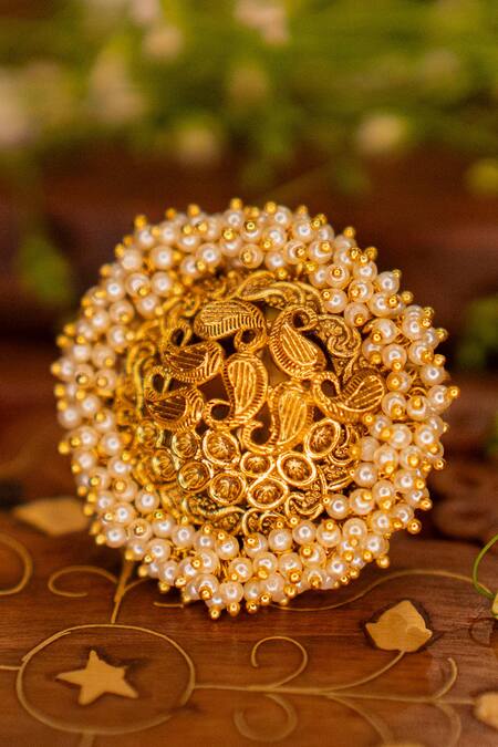 Shop Ekathva Jaipur Gold Plated Pearls, Diamonds Amin Embellished Temple Ring at Aza Fashions Shop_Ekathva Jaipur_Gold Plated Pearls, Diamonds Amin Embellished Temple Ring_at_Aza_Fashions