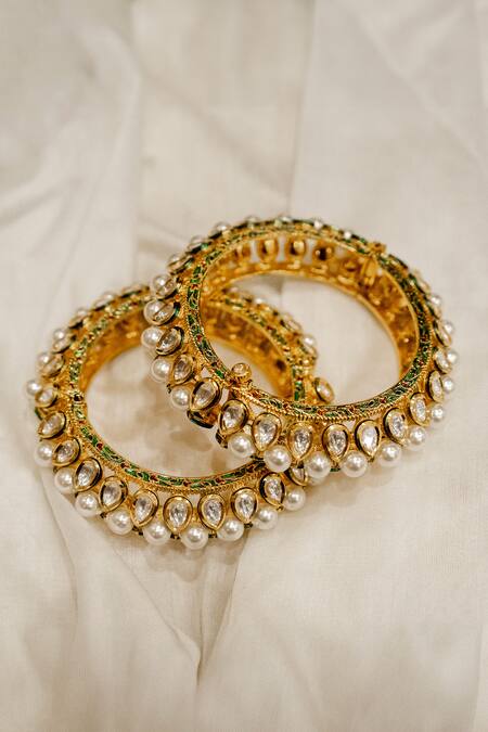 Ekathva Jaipur_Gold Plated Pearls, Stones Fida Studded Bangles- Set Of 2_Online_at_Aza_Fashions