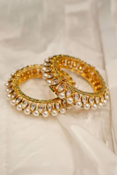 Buy_Ekathva Jaipur_Gold Plated Pearls, Stones Fida Studded Bangles- Set Of 2_Online_at_Aza_Fashions