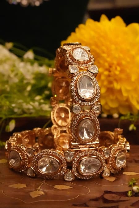 Shop Ekathva Jaipur Gold Plated Stones Roza Polki Studded Bangles-Set of 2 at Aza Fashions Shop_Ekathva Jaipur_Gold Plated Stones Roza Polki Studded Bangles-Set of 2_at_Aza_Fashions