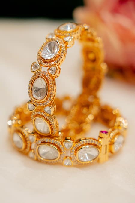 Ekathva Jaipur Gold Plated Stones Roza Polki Studded Bangles-Set of 2 Online at Aza Fashions Ekathva Jaipur_Gold Plated Stones Roza Polki Studded Bangles-Set of 2_Online_at_Aza_Fashions