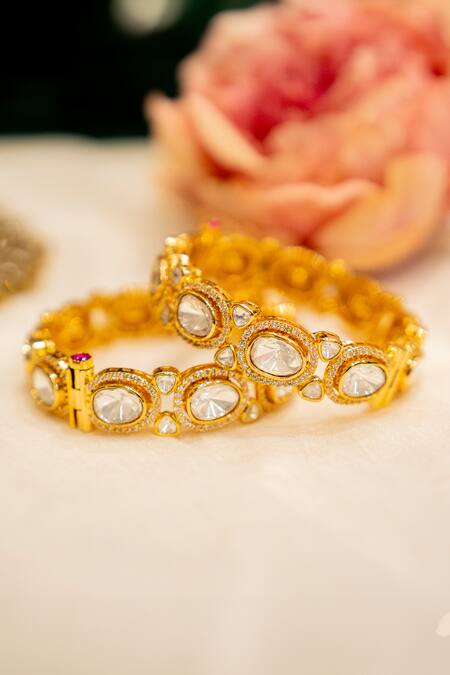 Shop Ekathva Jaipur Gold Plated Stones Roza Polki Studded Bangles-Set of 2 Online at Aza Fashions Shop_Ekathva Jaipur_Gold Plated Stones Roza Polki Studded Bangles-Set of 2_Online_at_Aza_Fashions