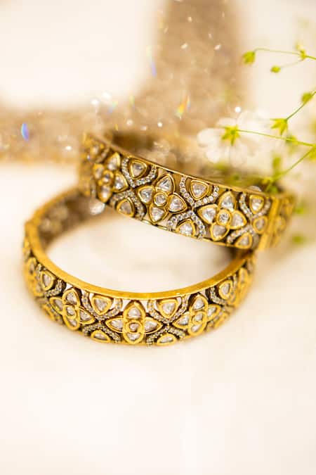 Ekathva Jaipur_Gold Plated Imitation Diamonds Naadirah Victorian Polki Studded Bangles-Set of 2_Online_at_Aza_Fashions