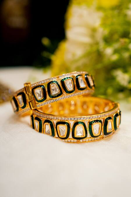 Ekathva Jaipur_Emerald Green Imitation Diamonds Shea Polki Studded Geometric Bangles-Set of 2_Online_at_Aza_Fashions