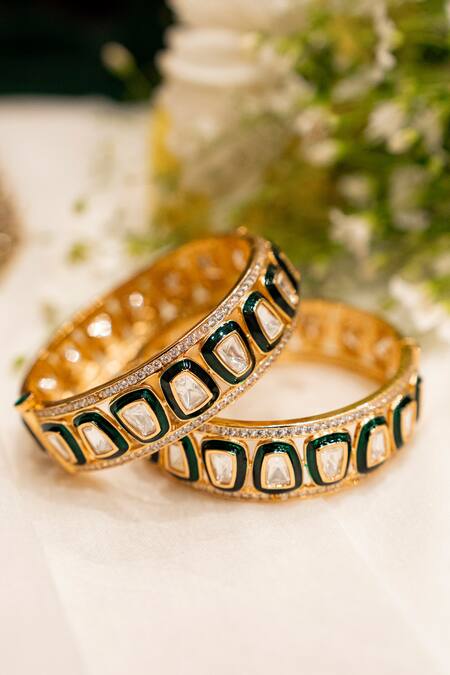 Buy_Ekathva Jaipur_Emerald Green Imitation Diamonds Shea Polki Studded Geometric Bangles-Set of 2_Online_at_Aza_Fashions