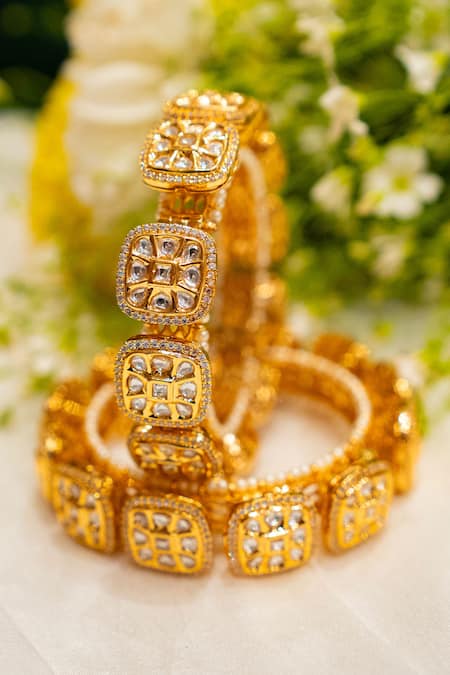 Ekathva Jaipur Gold Plated Polki Stone Kajiri Studded Pacheli Bangles-Set of 2 