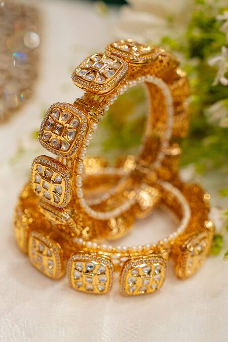 Ekathva Jaipur_Gold Plated Pearls, Stones Kajiri Polki Studded Pacheli Bangles-Set of 2_Online_at_Aza_Fashions