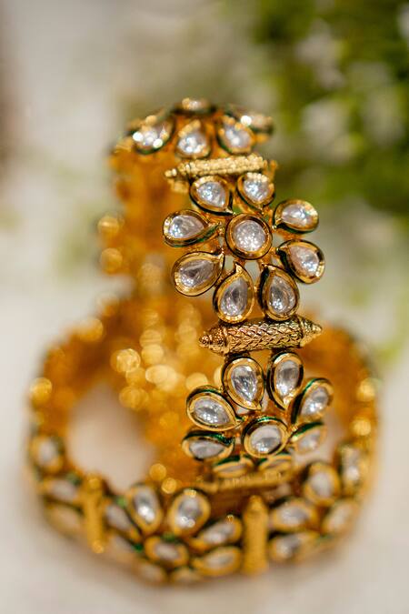 Shop Ekathva Jaipur Emerald Green Imitation Diamonds Griva Polki Studded Floral Bangles-Set of 2 at Aza Fashions Shop_Ekathva Jaipur_Emerald Green Imitation Diamonds Griva Polki Studded Floral Bangles-Set of 2_at_Aza_Fashions