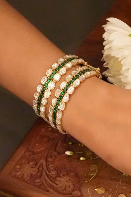 Ekathva Jaipur Green Moissanite Ashini Polki Studded Bangles-Set of 2 