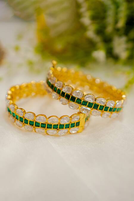 Ekathva Jaipur_Emerald Green Embroidery Ashini Moissanite Polki Studded Bangles-Set of 2_Online_at_Aza_Fashions
