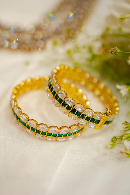 Buy_Ekathva Jaipur_Emerald Green Embroidery Ashini Moissanite Polki Studded Bangles-Set of 2_Online_at_Aza_Fashions
