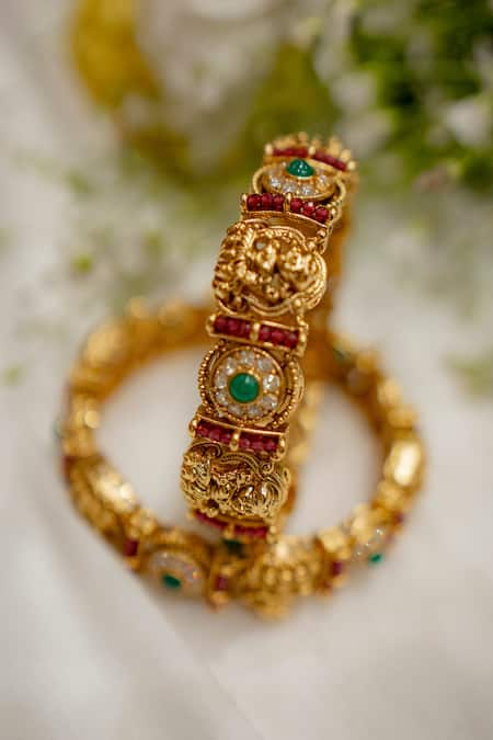 Ekathva Jaipur Gold Plated Stone Amza Carved Temple Bangles-Set of 2 