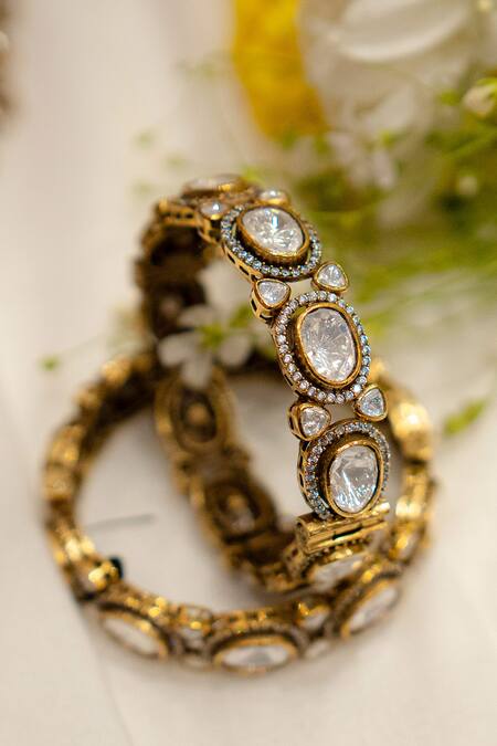 Ekathva Jaipur Gold Plated Imitation Diamonds Amruta Polki Studded Victorian Bangles-Set of 2 Online at Aza Fashions Ekathva Jaipur_Gold Plated Imitation Diamonds Amruta Polki Studded Victorian Bangles-Set of 2_Online_at_Aza_Fashions