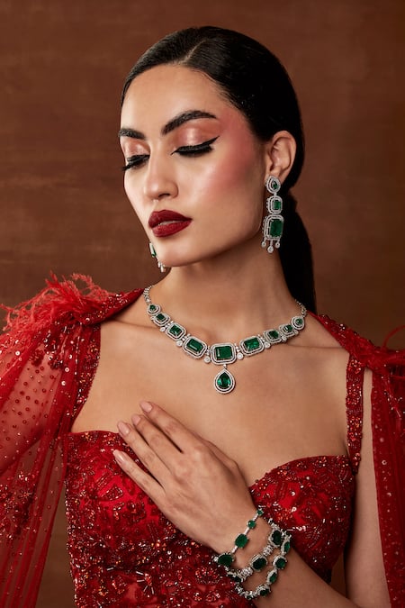 Ekathva Jaipur Green Raga Diamond Embellished Pendant Necklace Set