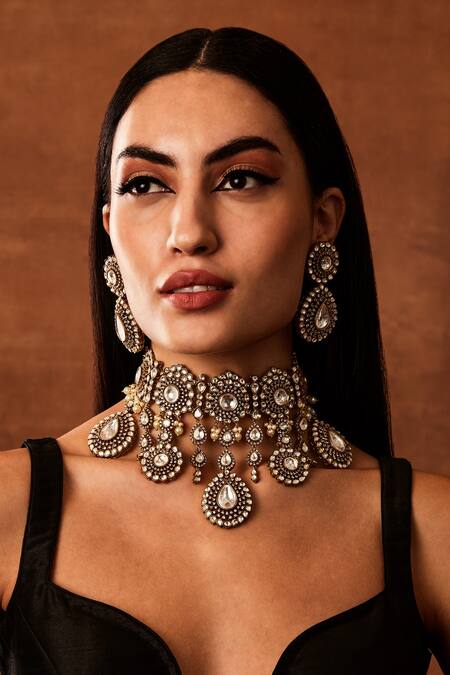 Ekathva Jaipur_Gold Plated Diamonds, Stones Nida Victorian Polki Embellished Choker Set_Online_at_Aza_Fashions