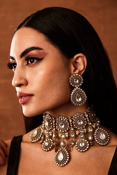 Buy_Ekathva Jaipur_Gold Plated Diamonds, Stones Nida Victorian Polki Embellished Choker Set_Online_at_Aza_Fashions