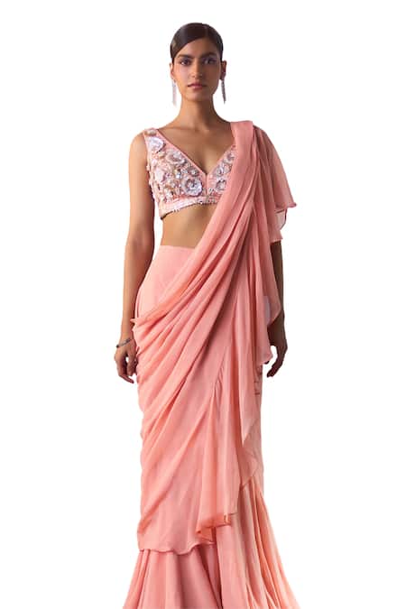 Angad Singh Peach Georgette Sequins, Crystals, Beads Pre-draped Ruffled Saree With Blouse Online at Aza Fashions Angad Singh_Peach Georgette Sequins, Crystals, Beads Pre-draped Ruffled Saree With Blouse _Online_at_Aza_Fashions
