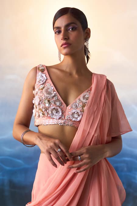 Angad Singh Peach Georgette Sequins, Crystals, Beads Pre-draped Ruffled Saree With Blouse at Aza Fashions Angad Singh_Peach Georgette Sequins, Crystals, Beads Pre-draped Ruffled Saree With Blouse _at_Aza_Fashions