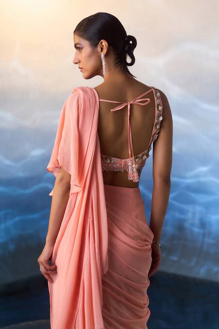 Buy Angad Singh Peach Georgette Sequins, Crystals, Beads Pre-draped Ruffled Saree With Blouse Buy_Angad Singh_Peach Georgette Sequins, Crystals, Beads Pre-draped Ruffled Saree With Blouse