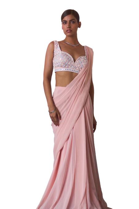 Angad Singh Peach Georgette Sequins, Beads Pre-draped Ruffled Saree With Embroidered Blouse Online at Aza Fashions Angad Singh_Peach Georgette Sequins, Beads Pre-draped Ruffled Saree With Embroidered Blouse _Online_at_Aza_Fashions