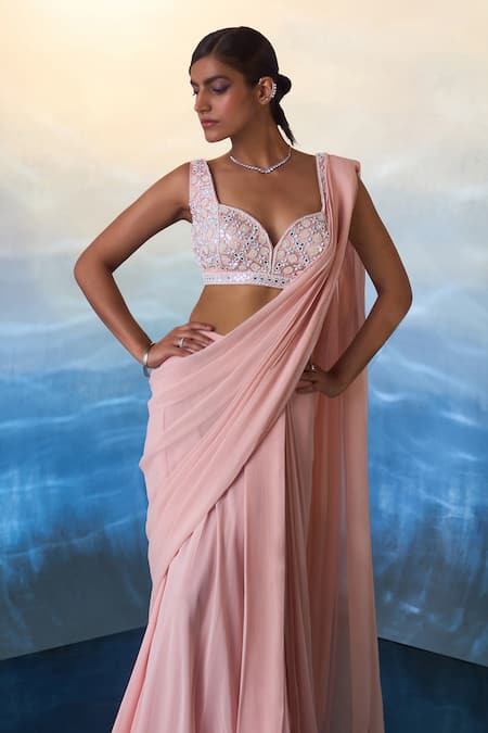 Buy Angad Singh Peach Georgette Sequins, Beads Pre-draped Ruffled Saree With Embroidered Blouse Online at Aza Fashions Buy_Angad Singh_Peach Georgette Sequins, Beads Pre-draped Ruffled Saree With Embroidered Blouse _Online_at_Aza_Fashions