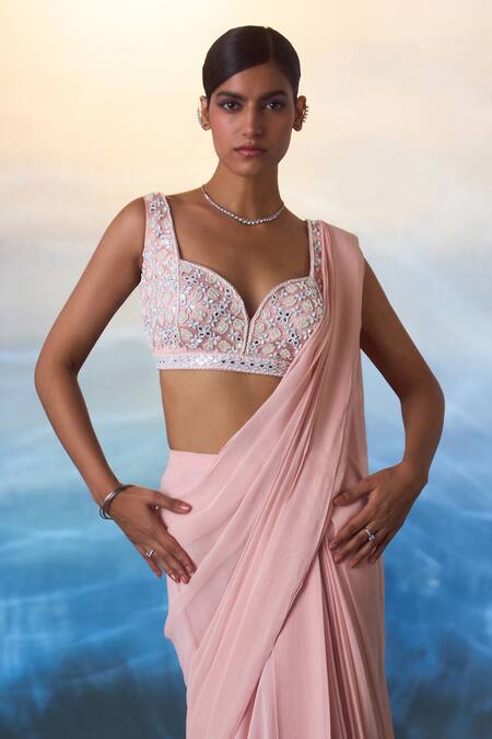 Shop Angad Singh Peach Georgette Sequins, Beads Pre-draped Ruffled Saree With Embroidered Blouse Online at Aza Fashions Shop_Angad Singh_Peach Georgette Sequins, Beads Pre-draped Ruffled Saree With Embroidered Blouse _Online_at_Aza_Fashions