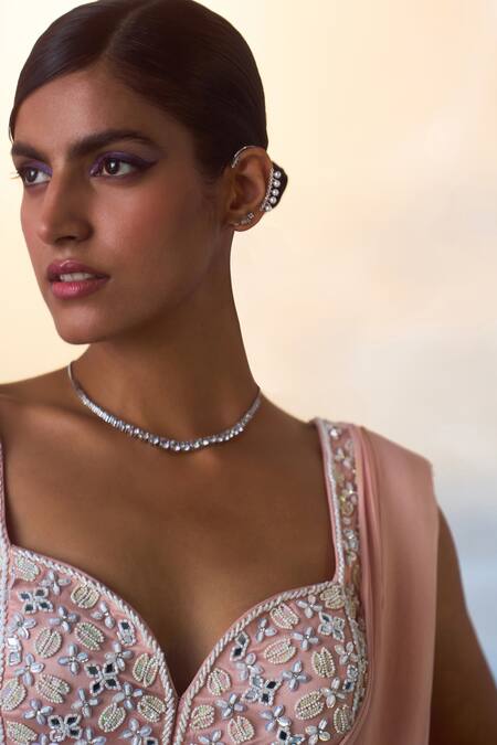 Angad Singh Peach Georgette Sequins, Beads Pre-draped Ruffled Saree With Embroidered Blouse at Aza Fashions Angad Singh_Peach Georgette Sequins, Beads Pre-draped Ruffled Saree With Embroidered Blouse _at_Aza_Fashions