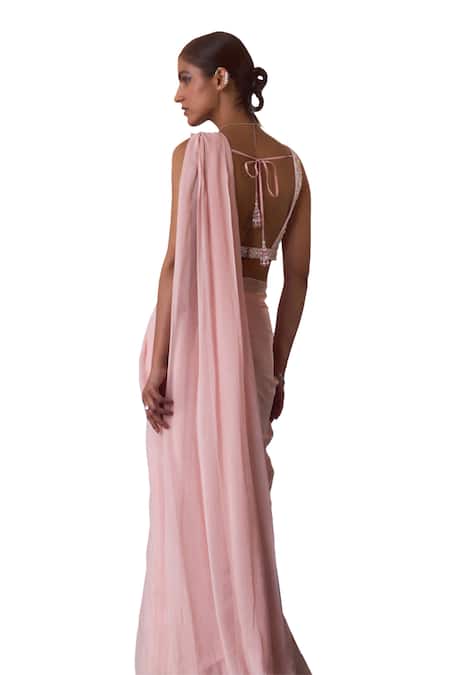 Buy Angad Singh Peach Georgette Sequins, Beads Pre-draped Ruffled Saree With Embroidered Blouse Buy_Angad Singh_Peach Georgette Sequins, Beads Pre-draped Ruffled Saree With Embroidered Blouse