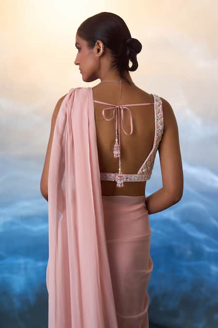 Shop Angad Singh Peach Georgette Sequins, Beads Pre-draped Ruffled Saree With Embroidered Blouse Shop_Angad Singh_Peach Georgette Sequins, Beads Pre-draped Ruffled Saree With Embroidered Blouse